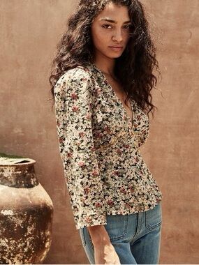 DÔEN Soltice Sissinghurst Floral Print Tie Back Blouse top Medium Like New RARE